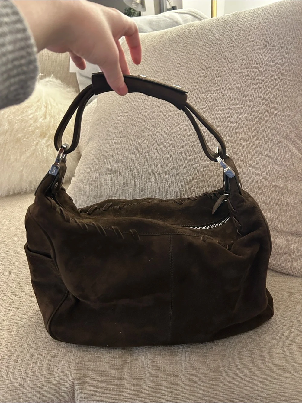 Tod's Dark Brown Suede Shoulder Bag with Braided Trim